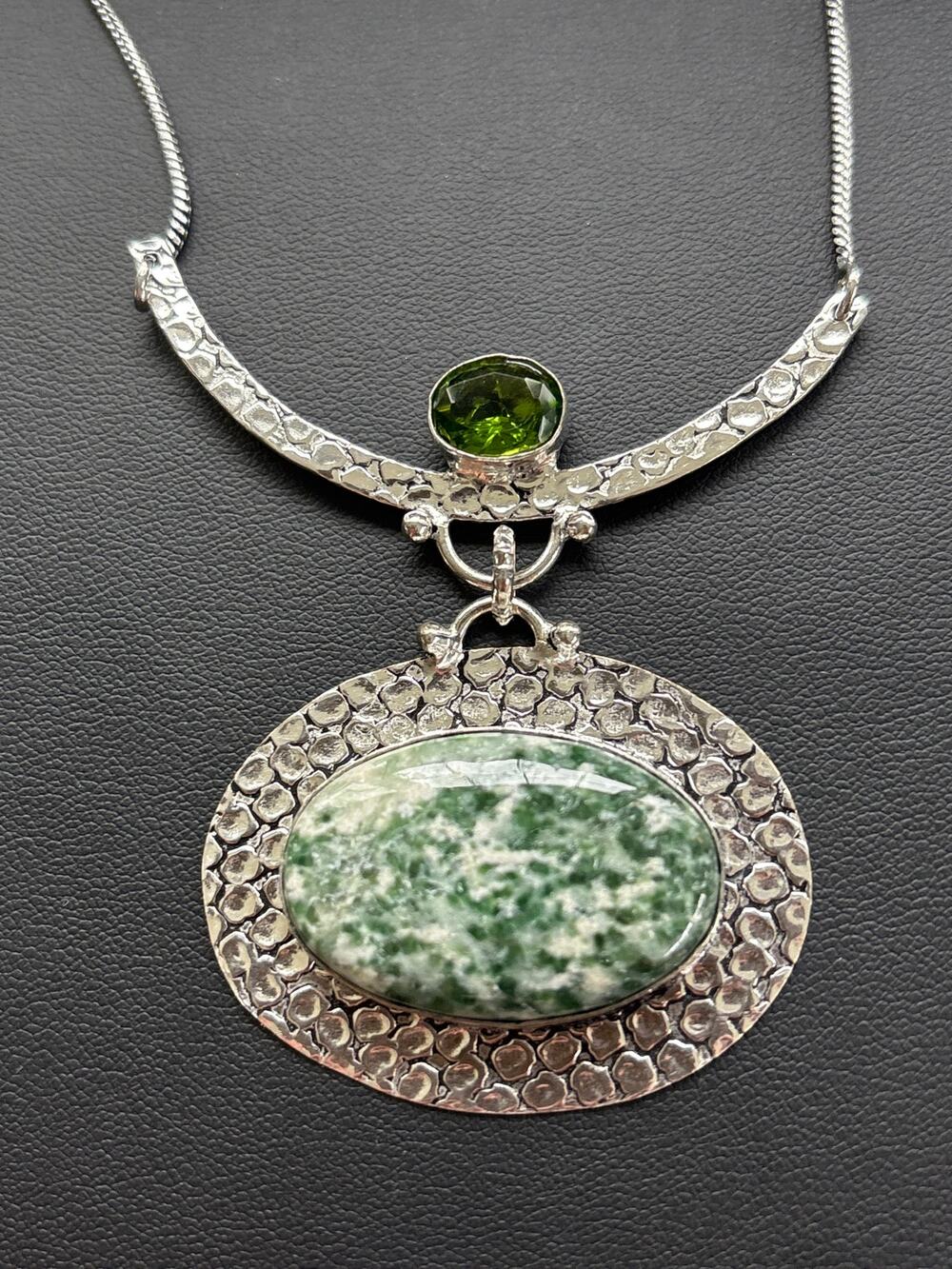 925 Silver Moss Agate & Peridot Necklace 21"